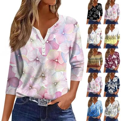 Женские топы с рукавами 3/4 и цветочным принтом, винтажные модные повседневные свободные рубашки с v-образным вырезом, рубашки больших размеров