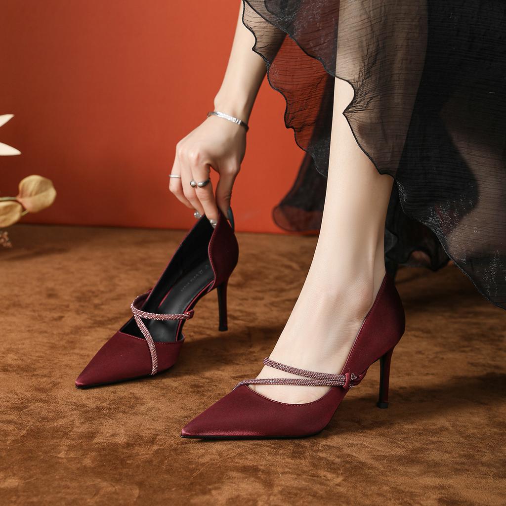 Spring and Summer Style Temperament Beautiful Purple High Heels Women's High Sense Word with Rhinestone Thin High Heel Side Empty Sandals Pointed