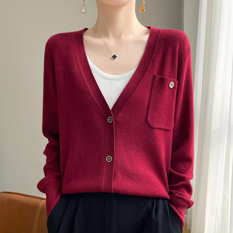 Вязаный кардиган с длинным рукавом Женская короткая куртка Свитер Высокий дизайн Нишевый Свободный Тонкий V-образный вырез Топ