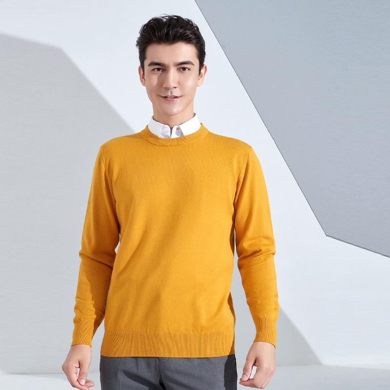 Осень и Зима Мужской Трикотажный Свитер с Круглым Вырезом, Свободный, Утепленный Пуловер, Однотонный, с Длинным Рукавом, Короткий, Деловой, Базовый, Теплый Свитер