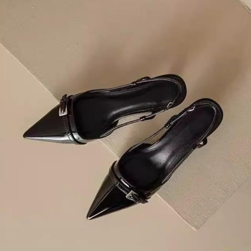 Модные лаковые босоножки-стилетто Летние Новые Остроносые С мелким вырезом Металлическая пряжка Ремешок-слинг Нескользящий Каблук-рюмочка