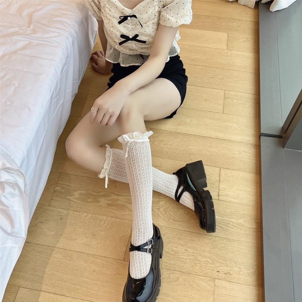 Милые длинные носки в японском стиле для девочек, чулки JK Лолита, гольфы с бантом и оборками, женские сетчатые чулки в сетку