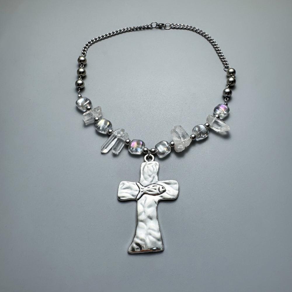 Hiphop Punk Silver Color Cross Pendant Necklace for Women Gothic Irregular Transparent Crystal Bead Necklace Street Jewelry Gift