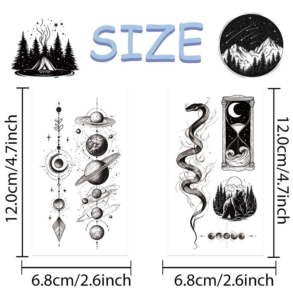 10sheets Black Mysterious Space Astronaut Planet Tattoo Stickers For Face Hand Arm Body Temporary Waterproof Tattoo Stickers