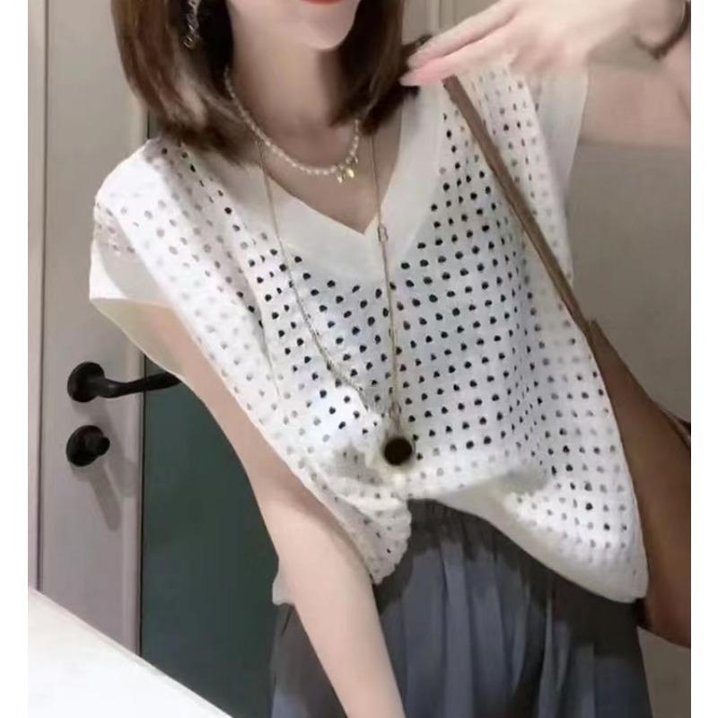 Летний тонкий ажурный трикотажный жилет с V-образным вырезом, женские топы