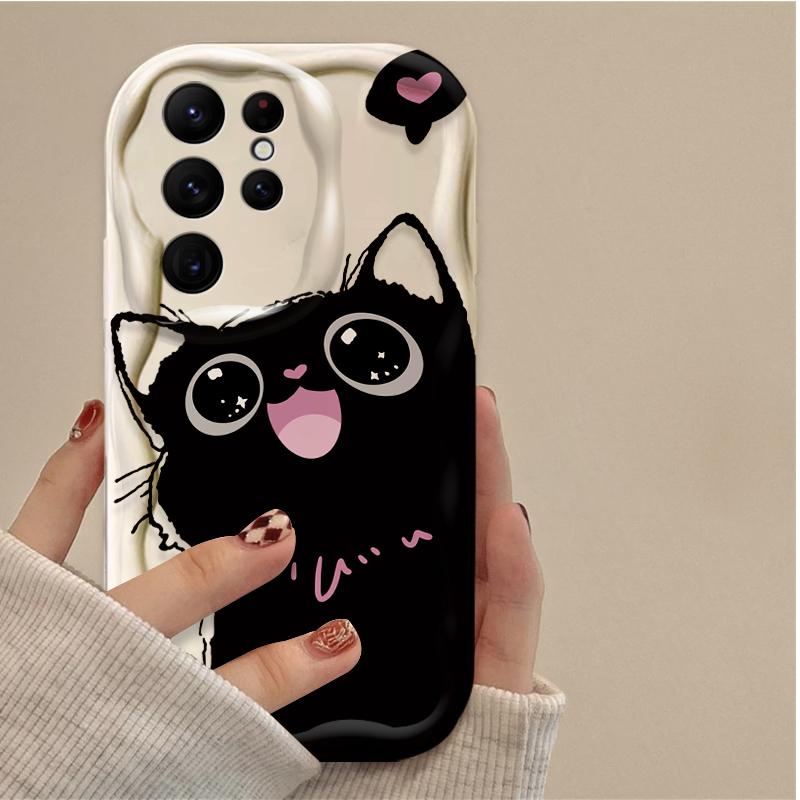 Мультяшный чехол с большими глазами черного кота для Samsung Galaxy S25 S24 Ultra S23 S22 S21 S20 Plus FE A56 A36 A26 A17 A07 Мягкий силиконовый чехол