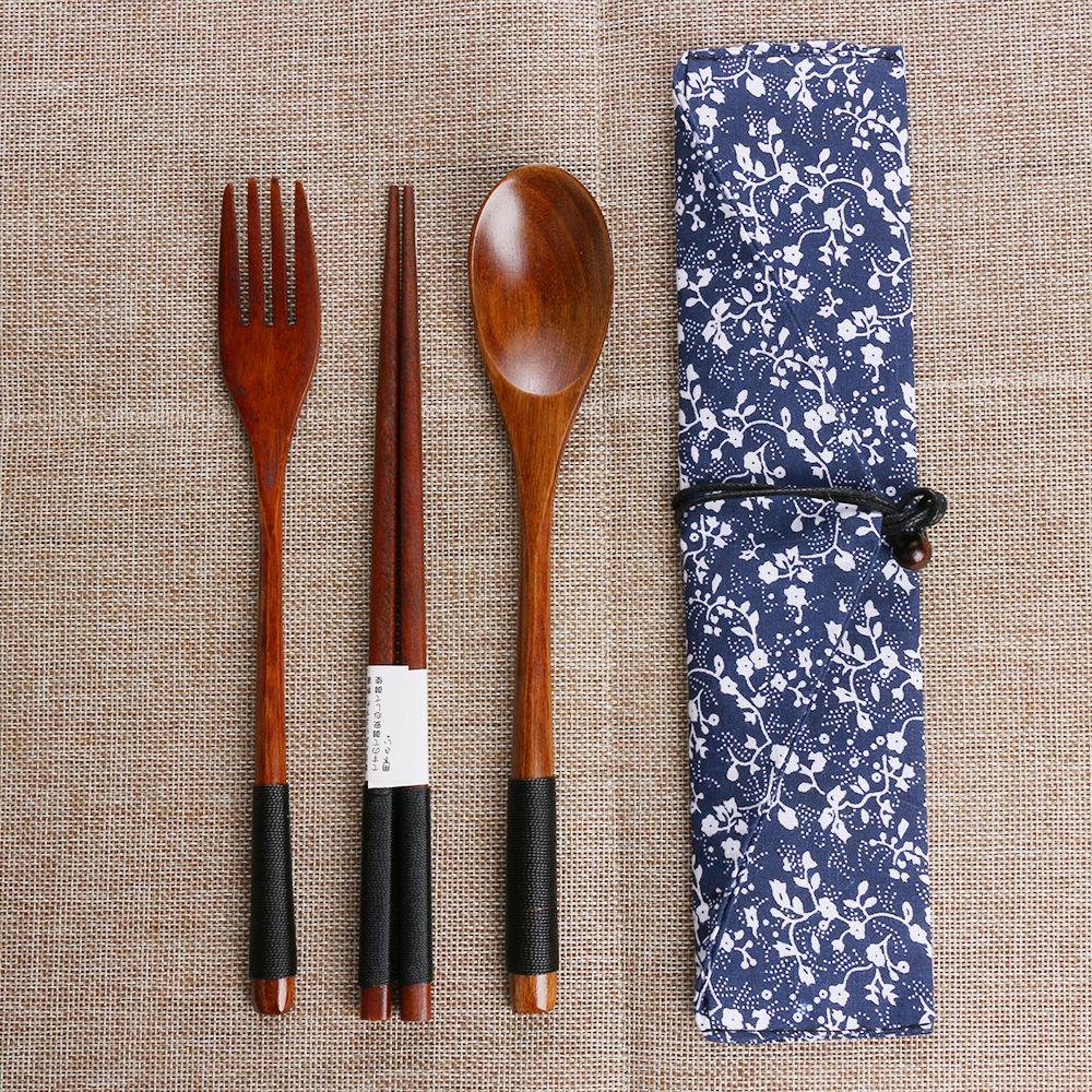 Japanese Style Portable Cutlery Set Spoon Fork Chopsticks Natural Wooden Cloth Bag