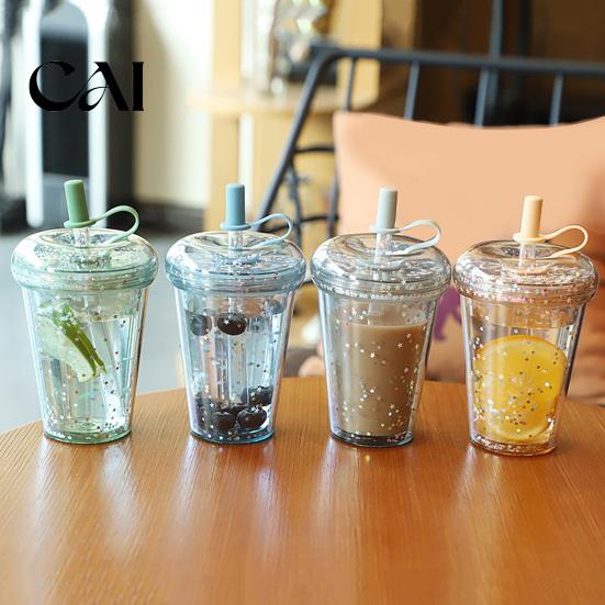 Sealed Lid Tumbler for Women Transparent Straw Cup, with Sequins Decor And Leak Proof Cute Milk Tea Cup Girls Lid, Reusable Plastic Sippy Students