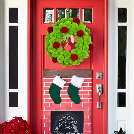 13-дюймовый рождественский зеленый венок эльфа для входной двери, плюшевый помпон