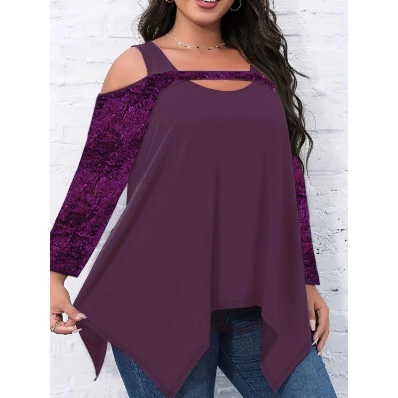 Весна Осень Уличный Стиль Ажурная Футболка с Пайетками Необычного Кроя Женская С Длинным Рукавом С Открытыми Плечами Пуловер Футболка Топ
