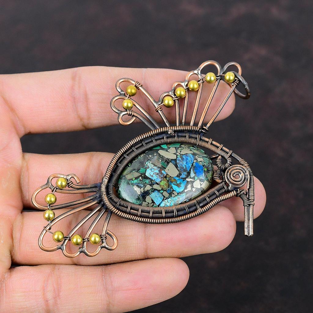 Подвеска из медного лазурита и малахита, подвеска из медной проволоки, ювелирные изделия из натурального драгоценного камня, подвеска в виде птицы ручной работы, подарок для нее, ювелирные изделия из медной проволоки