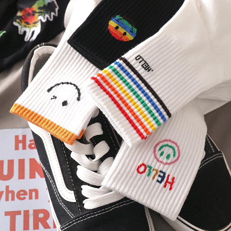 Women's Korean Trendy Cartoon Long Sports Socks - Black & White, Mid-Tube, Autumn/Winter, All-Match.