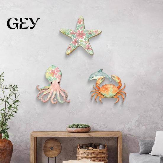 Durable Wood Wall Art 3 Pcs Wooden Beach Decor, Vintage Nautical Coastal Starfish Octopus Crab Whale Natural Solid Decor Art, Sea Life Ocean Ornaments