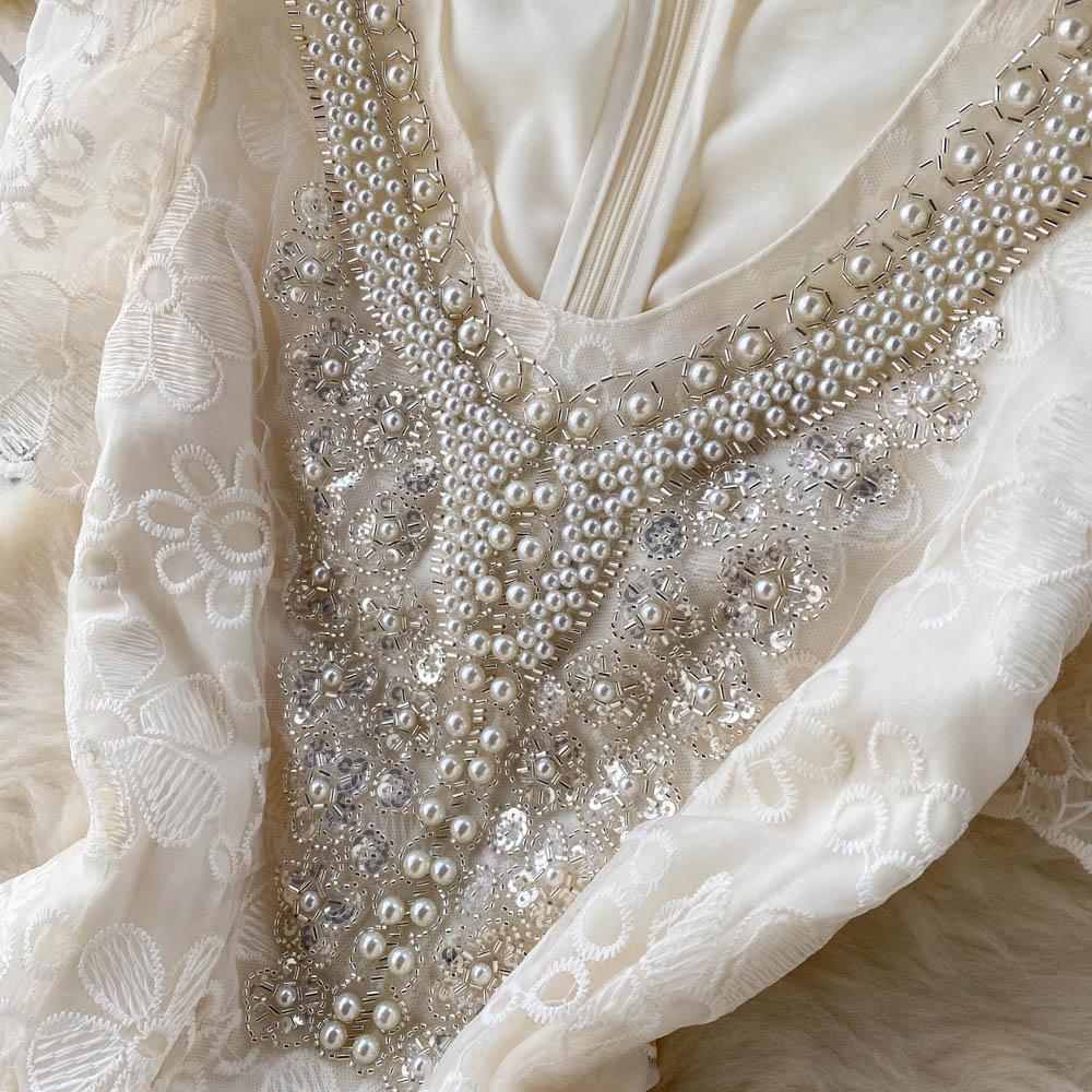 Women Fashion Mesh Flower Embroidery Luxury Beading Party Dinner Dresses Lady Elegant Retro V-neck Midi Evening Sundress