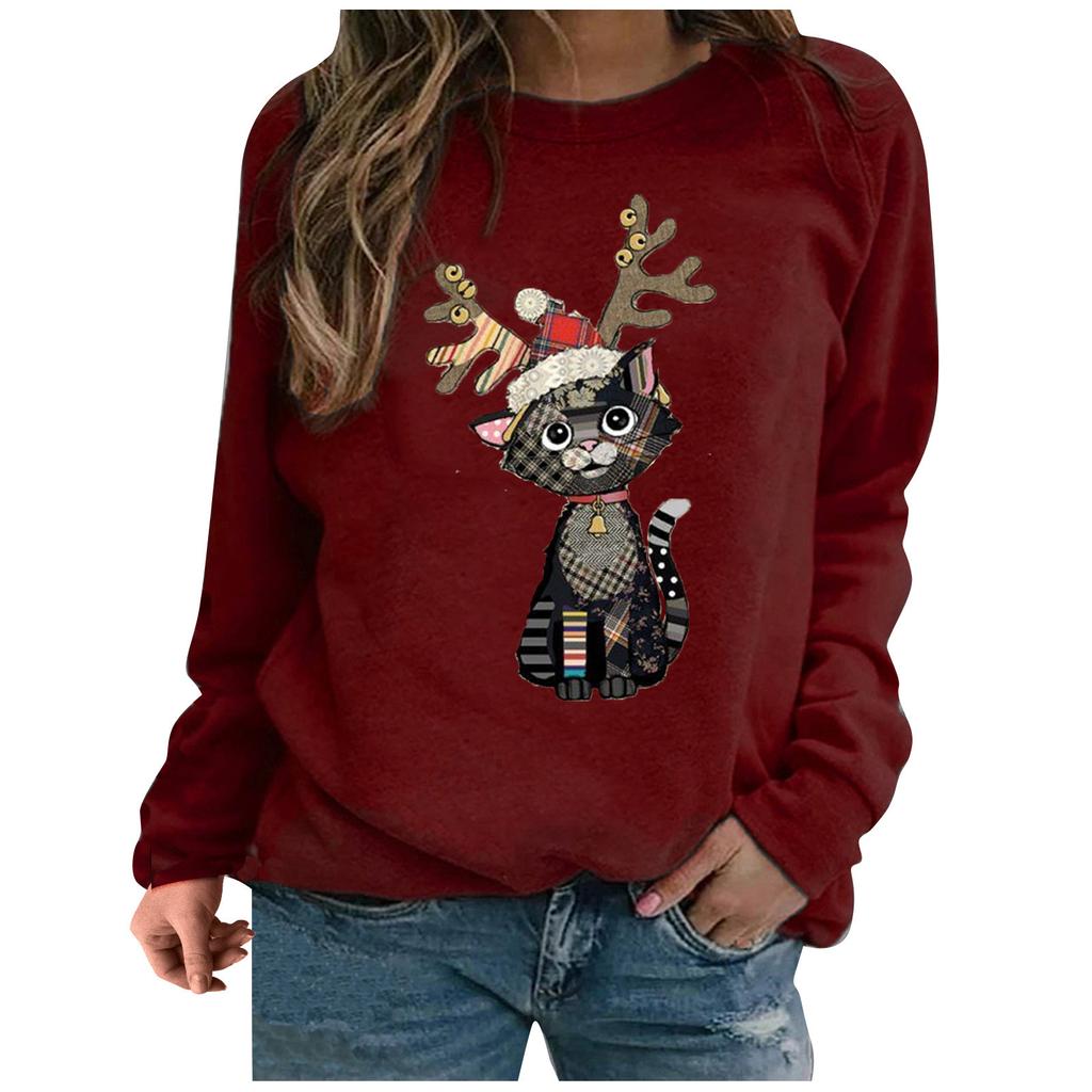 Women's Cat Print Sweater Long Sleeve Top wTWomen's Clothing