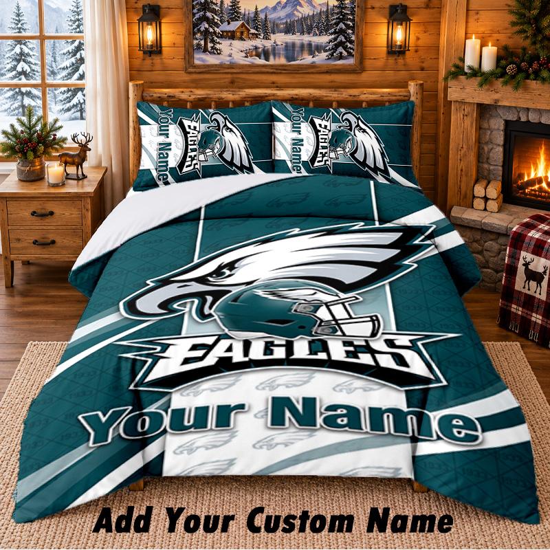 Philadelphia Eagles Pattern Bedding 3Pcs Set Custom Name, Bed Sheet And Pillowcases For Home Bedroom