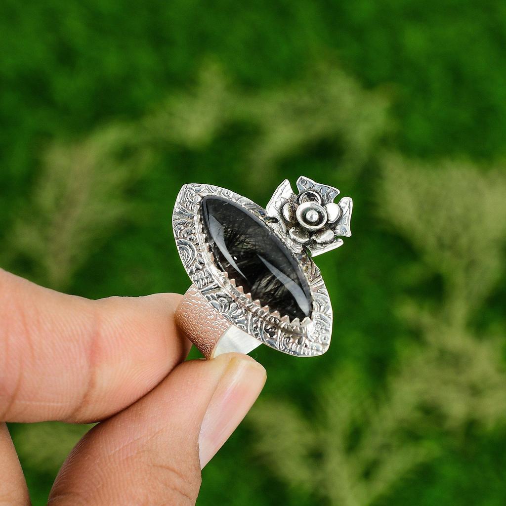 Natural Black Rutile Gemstone Promise Flower Ring Size 9.25 925 Sterling Silver