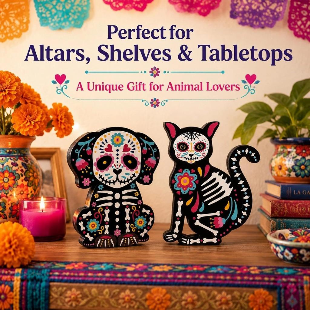 Dia De Los Muertos Wooden Sugar Skull Dog Cat Figurines, Day of The Dead Pet Ofrenda Decor, Mexican Halloween Table Shelf Altar Home Indoor Decor