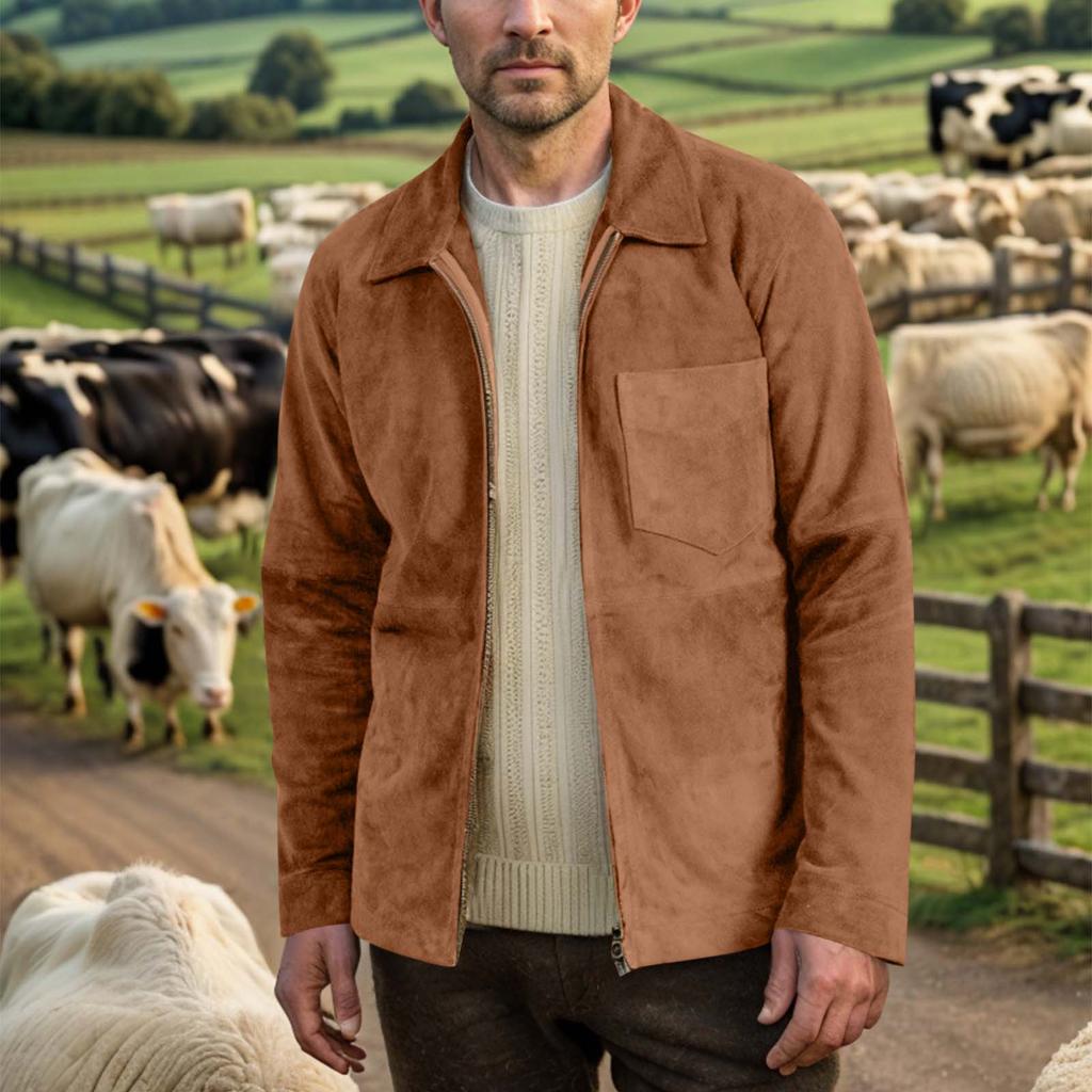 Мужская однотонная замшевая повседневная приталенная куртка с карманами, лацканами и молнией