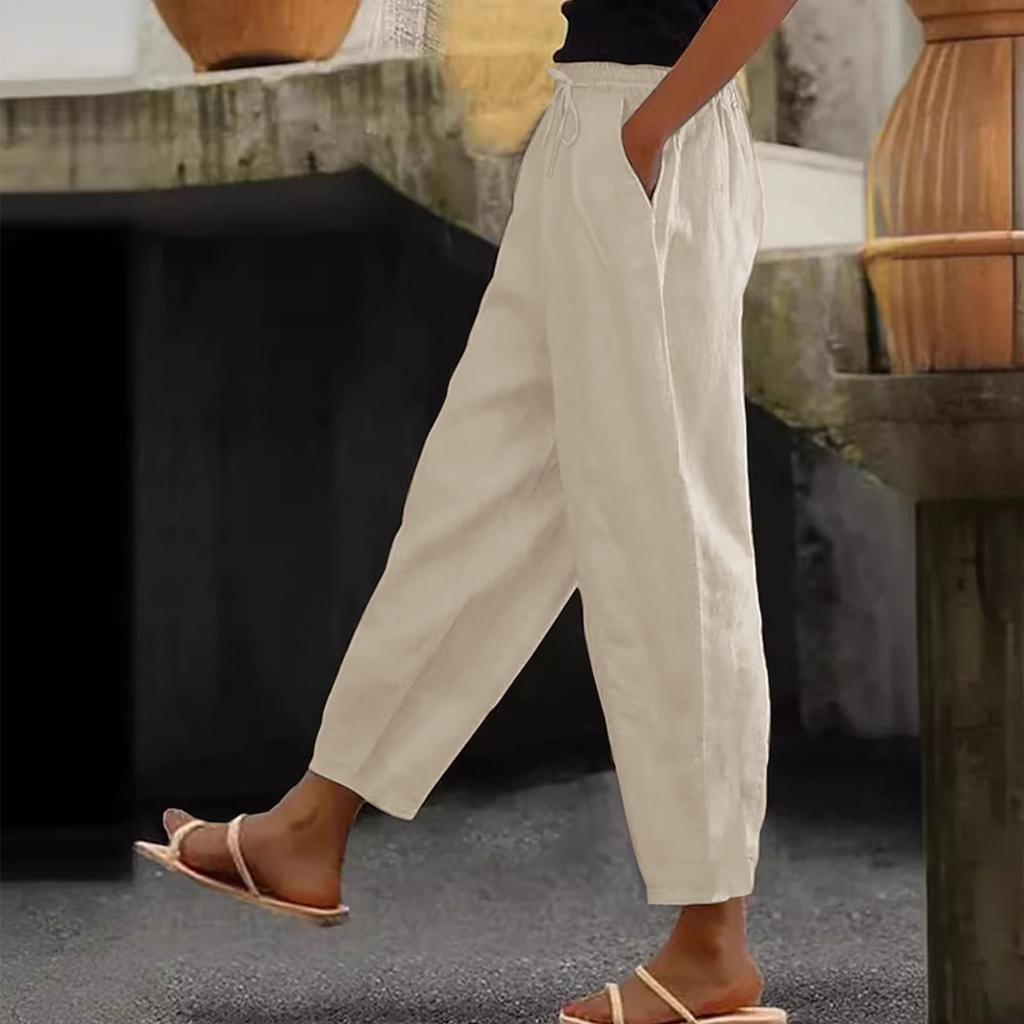 Women's Fashion Loose Cotton Linen Solid Color Casual Side Pocket Elastic Drawstring Trousers