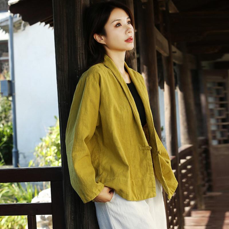 Johnature Autumn Woman Linen Vintage Disc Buckle Suit Coat Solid Color V-Neck Retro Loose Long Sleeves Coat