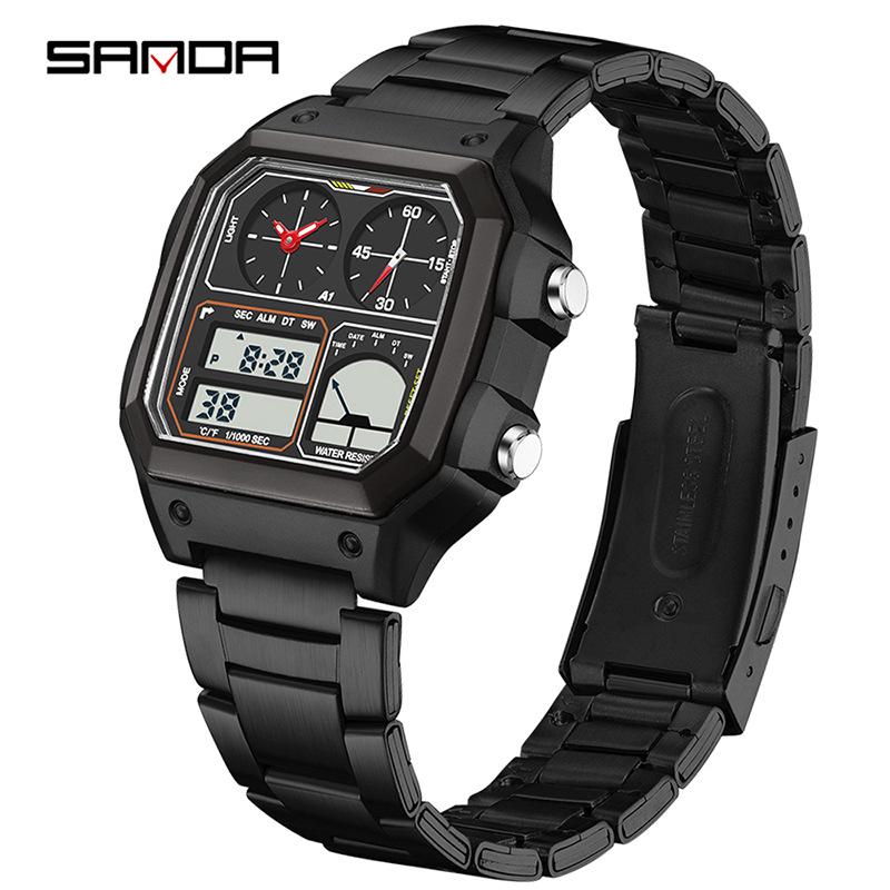 Sanda Temu Студенческие спортивные часы с измерением температуры, водонепроницаемые, двойной дисплей, многофункциональный квадратный дизайн