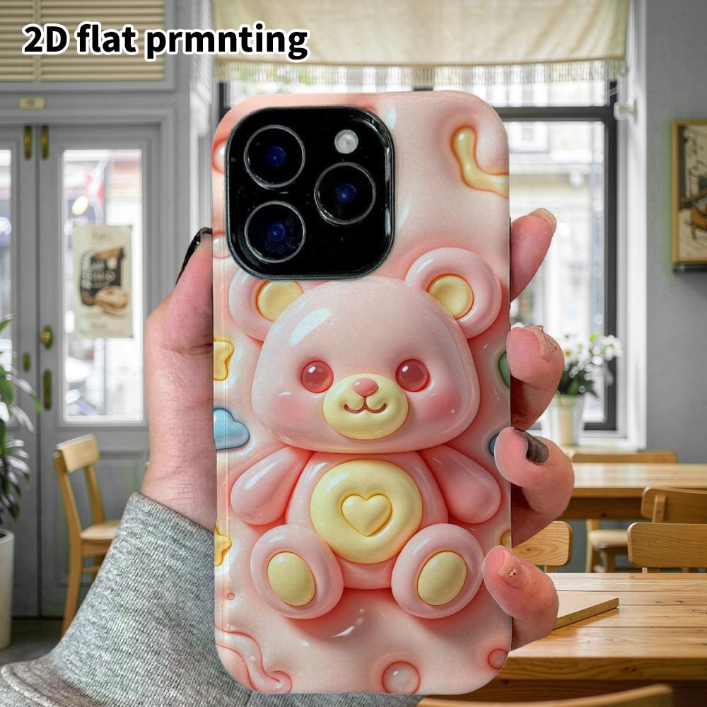 Phone Case: 2D flat design suitable for iPhone 18 17 16 15 14 13 Pro protective case, pink soft rubber bear, perfect Christmas and Halloween holiday g