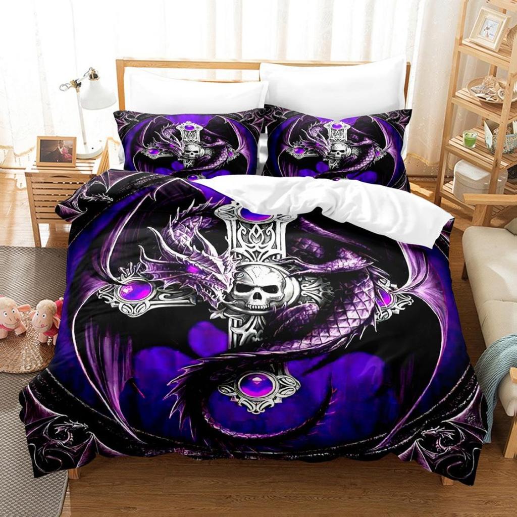 3D Printed Skull Head Bedding Set Halloween Themed Down Duvet Cover Pillowcases, 2/3 Pieces, Boys Room Horror Pattern Quilt Cover