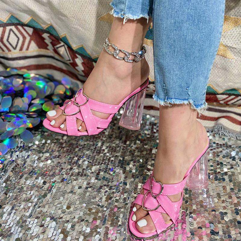 Liyke  New Pink Transparent Strange Thick Heels Slippers Women Heart Shaped Buckle Designer Shoes Ladies Sandals Mules Slide