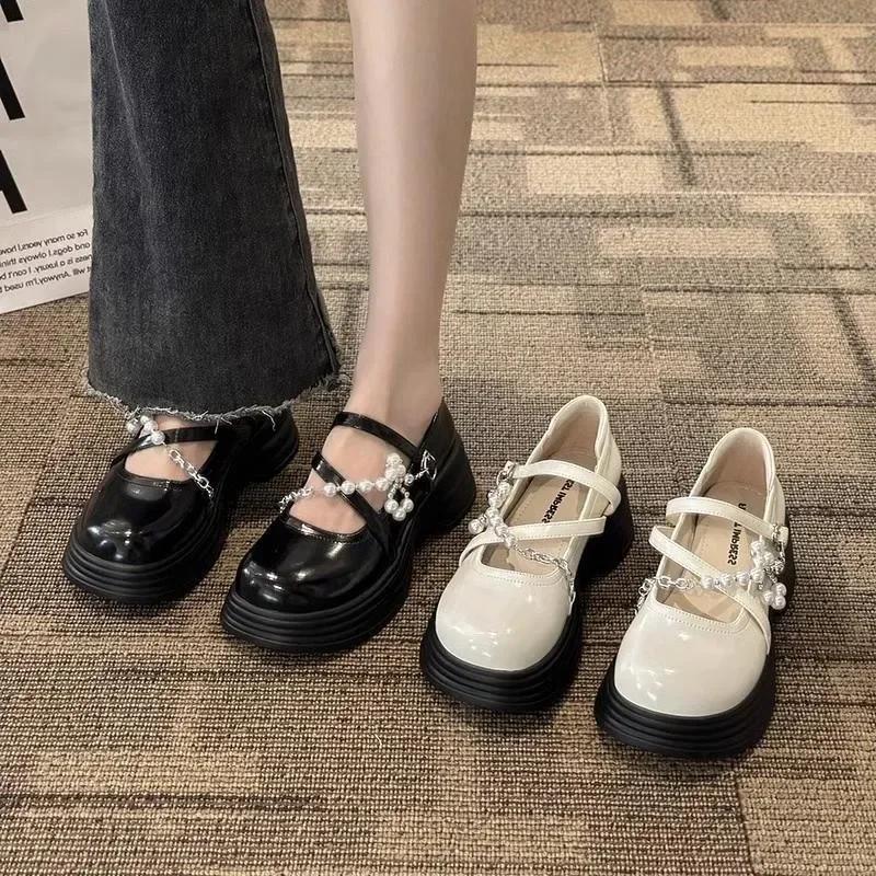 Thick Soled Mary Jane Shoes for Women  New Sweet Buckle Loafers Pearl Chain Round Toe Platform Dress Lolita Shoes Pumps