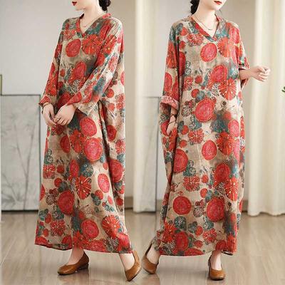 Красочное дорожное платье с V-образным вырезом в стиле ретро, длинная юбка, хлопок-лен