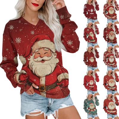 Женская рождественская толстовка с V-образным вырезом, длинный рукав, повседневный легкий пуловер