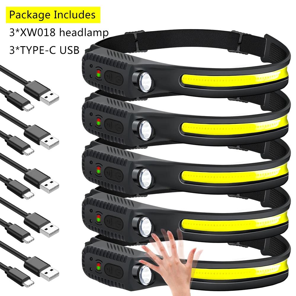Индукционный налобный фонарь COB LED Сенсорный налобный фонарь Фонарик со встроенным аккумулятором USB Перезаряжаемый налобный фонарь 5 режимов освещения Фара
