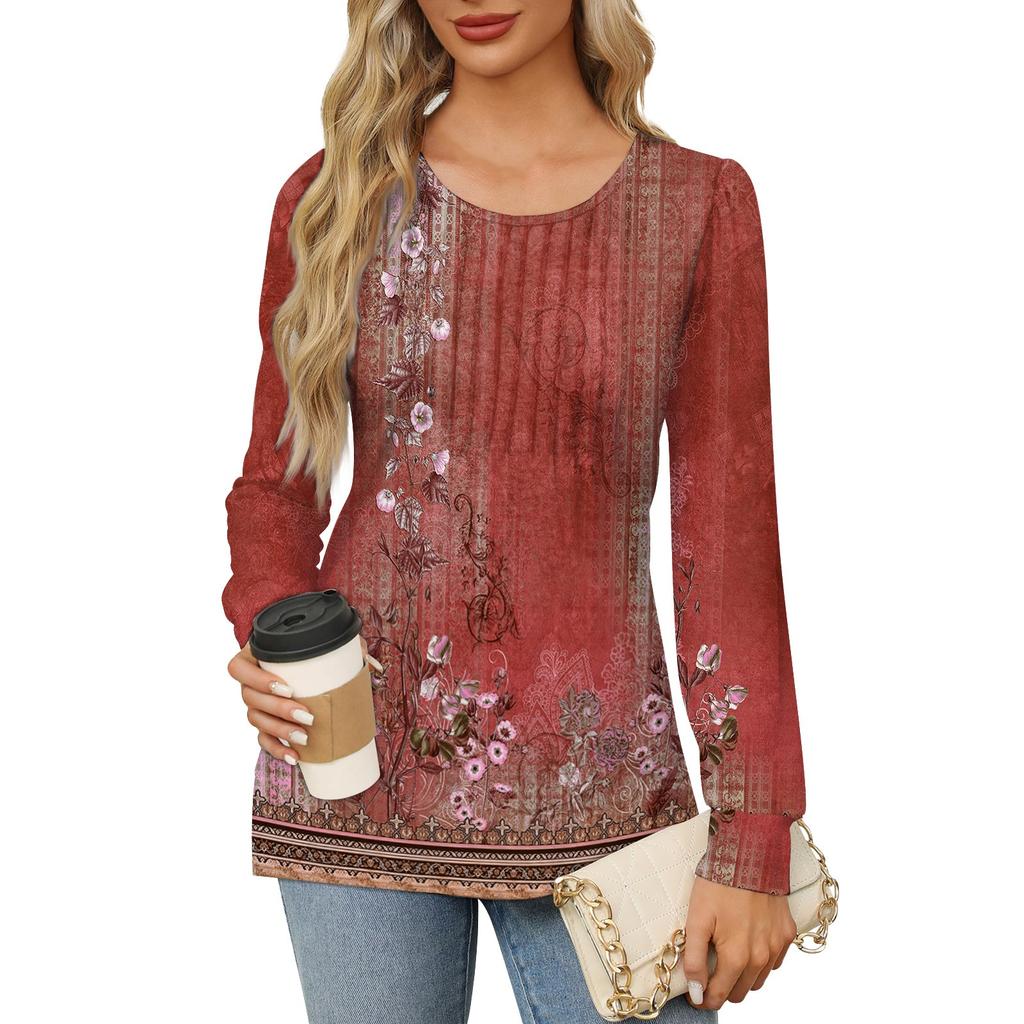 Женская повседневная плиссированная футболка с круглым вырезом и длинными рукавами с принтом