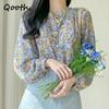Women Floral Chiffon Long Sleeve Shirt Elegant Korean Style Spring Printed Sweet Blouse QT1927