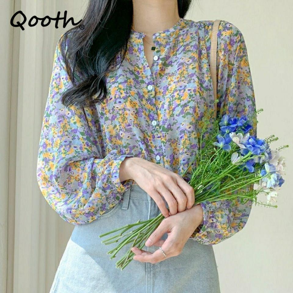 Qooth Women Floral Chiffon Long Sleeve Shirt Elegant Korean Style Spring Printed Sweet Blouse QT1927