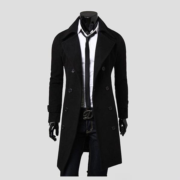 Мужская мода Длинный плащ Флисовая шерстяная куртка Slim Fit Peacoat Пальто