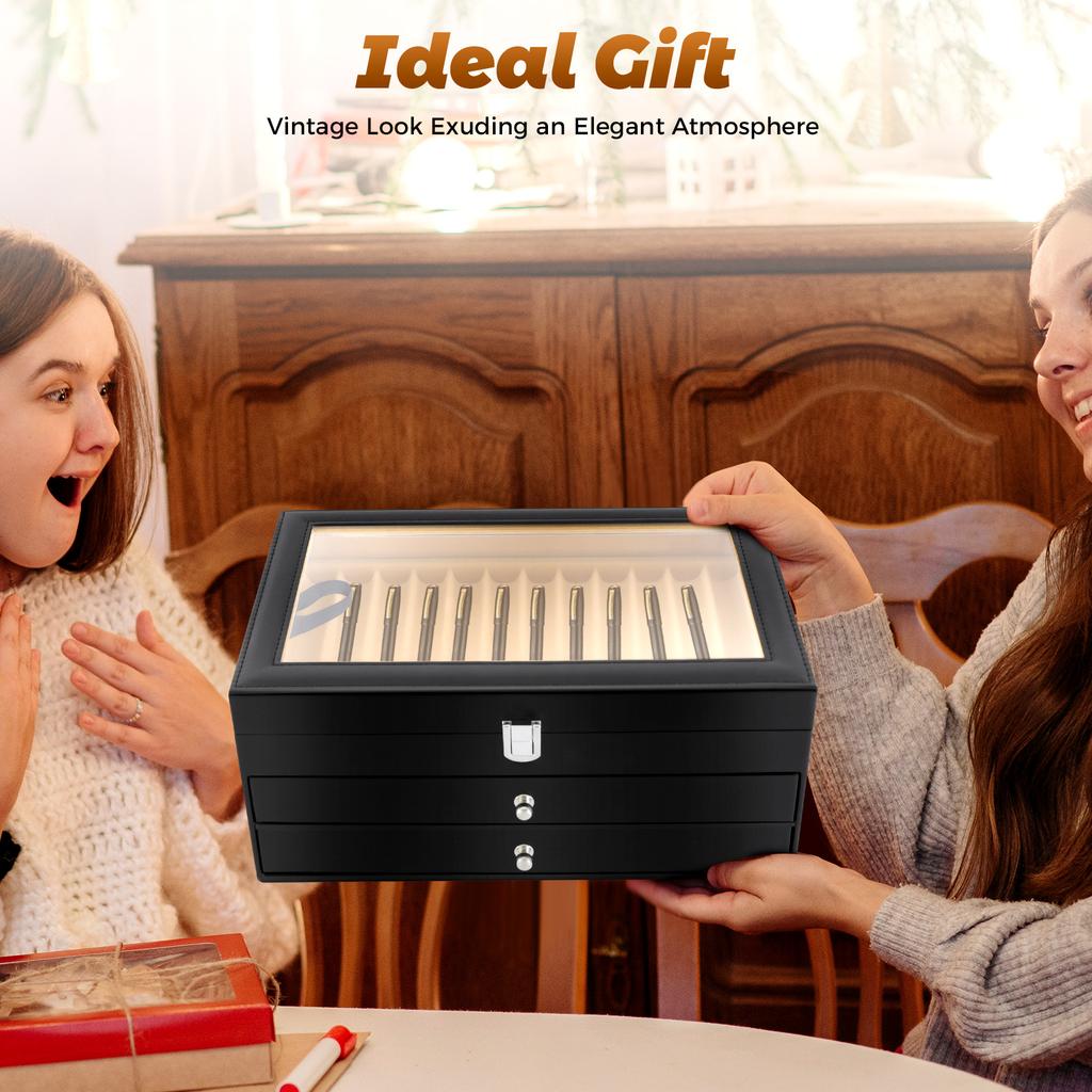 Роскошный кейс для хранения 36 ручек, коробка для ретро-ручек из ПУ кожи со стеклянной крышкой и замком для коллекционеров перьевых ручек