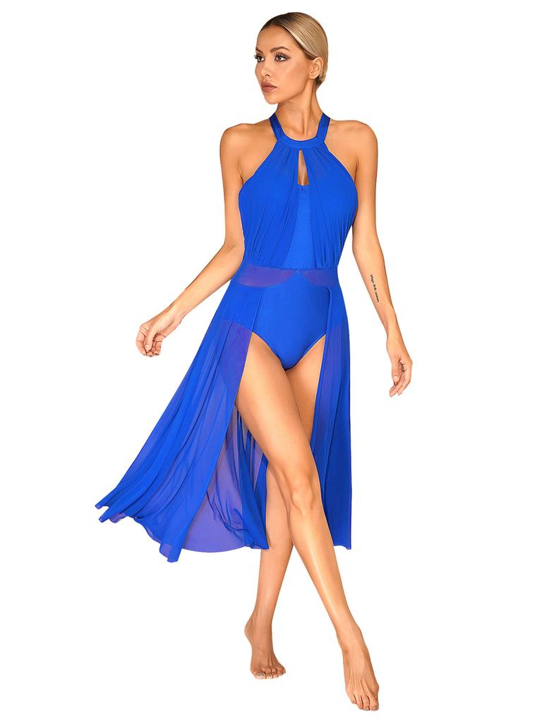 Струящееся танцевальное платье с разрезом, балетное тюлевое танцевальное боди без рукавов, асимметричное платье для катания на коньках