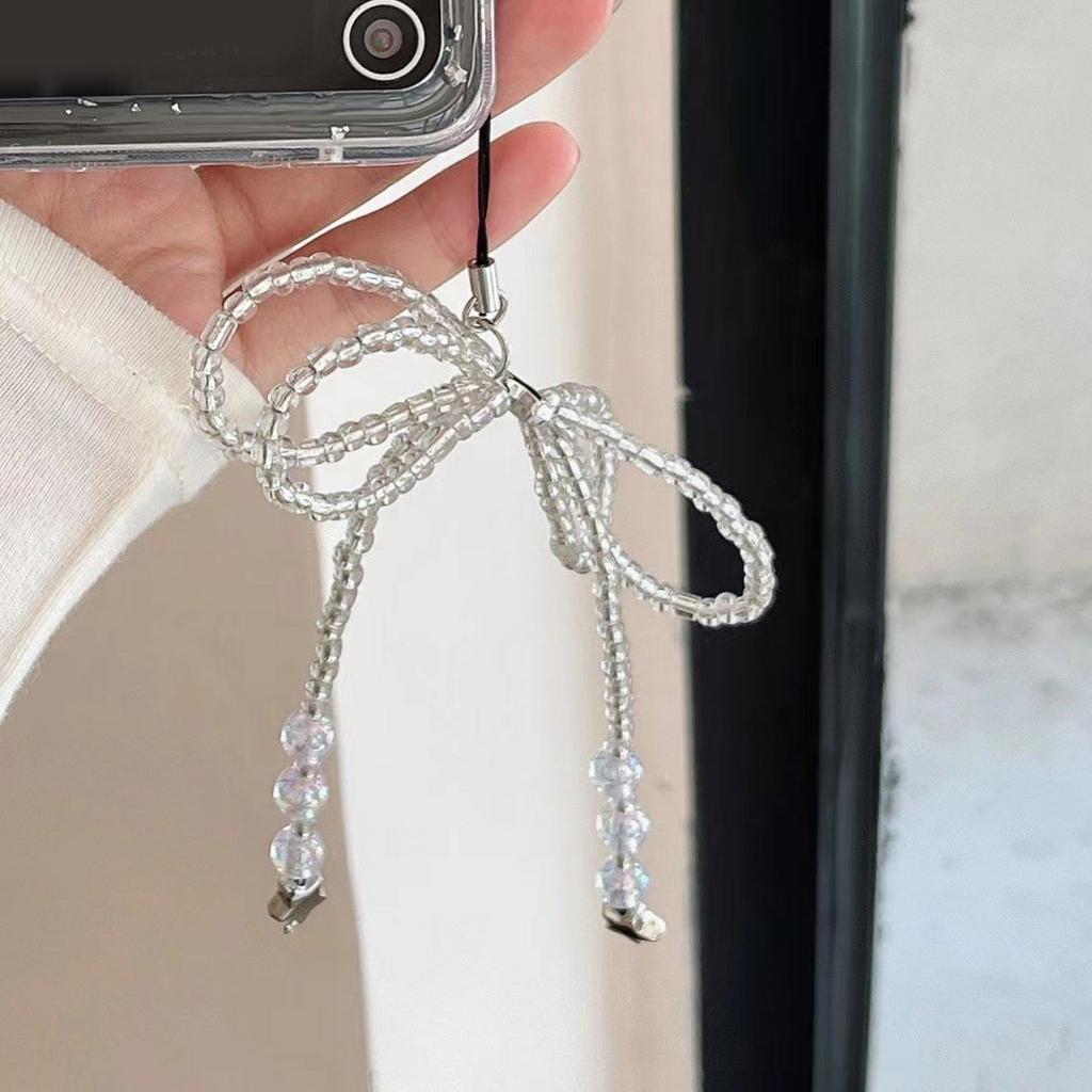 Crystal Beaded Phone Lanyard Bowknot Pendant Wrist Strap Detachable Phone Chain Keyring Portable Accessory for Women