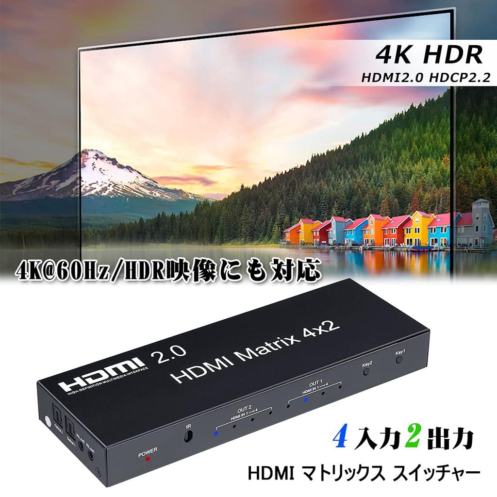 HDMI Матрица ELEVIEW 4 с Разделением Аудио и Понижением Разрешения, 2 Ручных Селектора с Пультом ДУ, 2 Входа / 2 Выхода, (Оптический цифровой/3,5 мм), 4K60Hz/1080p120Hz, Функция,