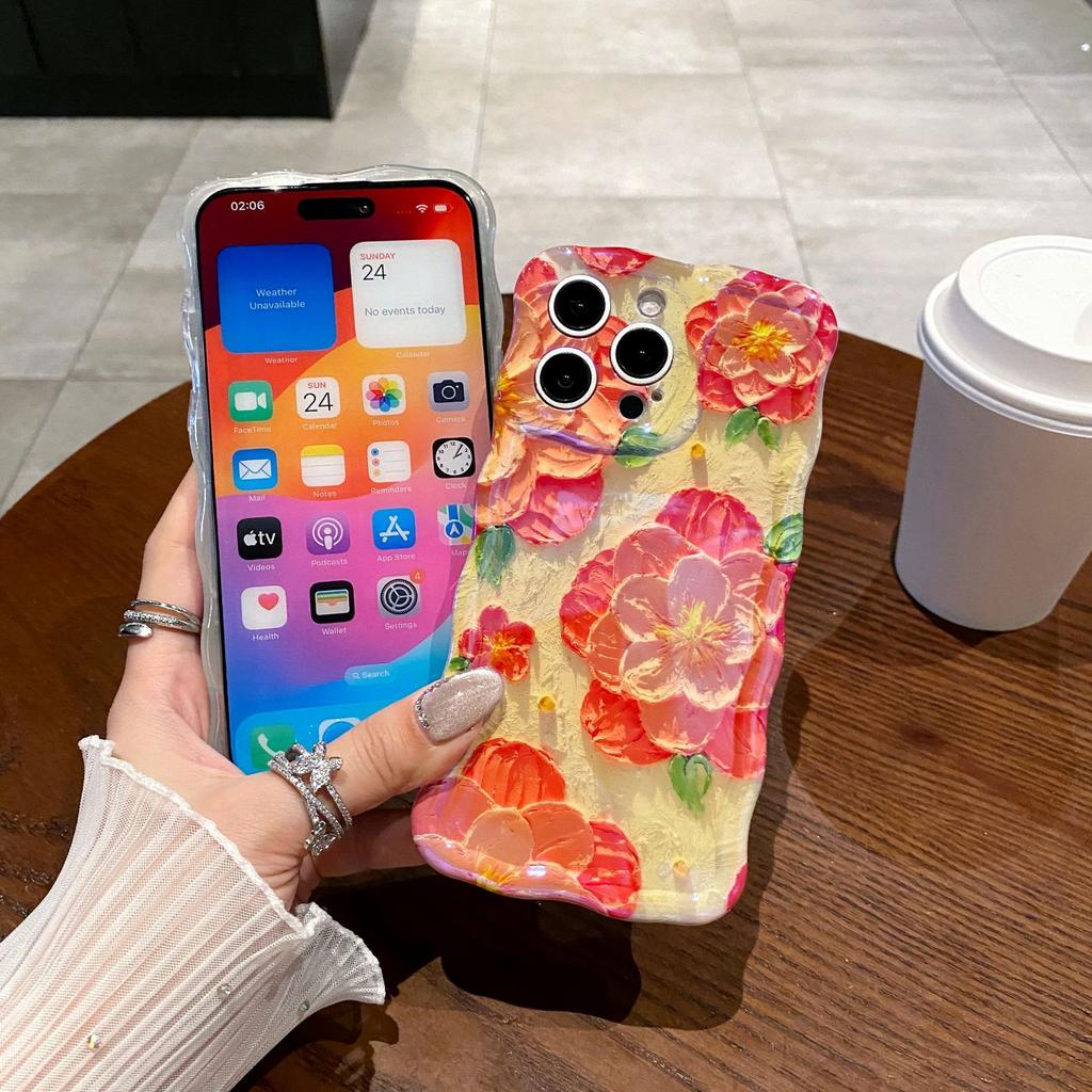 Twist oil painting purple flower mobile phone case for Apple 16PRO fine hole anti-drop 15/14 flower protective case