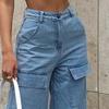 Women Jeans High Waist Button Zipper Fly Straight Wide Leg Denim Pants with Multi Pockets