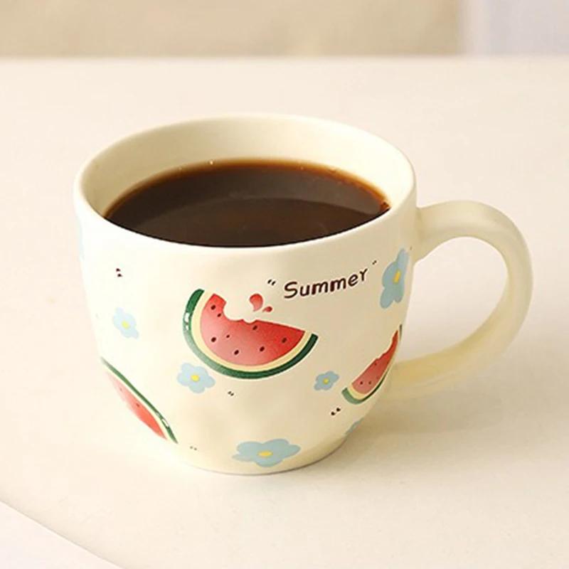 Cute Fruit Pattern Ceramic Mug Strawberry Coffee Cup Oatmeal Breakfast Cup Water Cup Valentine's Day Present Couple Water Cups
