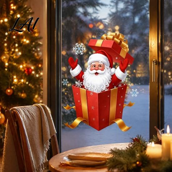 Holiday Glass Decals Santa Gift Box Sticker Christmas Static Window Decal Removable Waterproof Claus Decorations PVC Decal for Doors Windows,