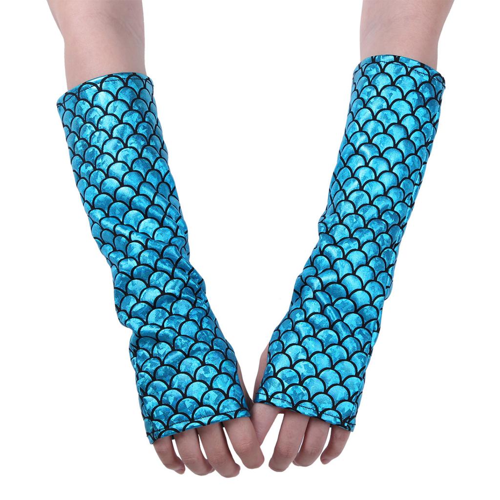 Mermaid Costume Fish Scale Pattern Printed Fingerless Long Gloves Arm Sleeves Adult Halloween Dance Club Party Cosplay Accessory