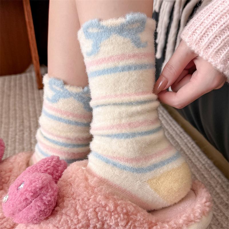 Australian Woolen Socks for Girls, Cute Cartoon Rabbits, Fluffy Mid-calf Socks, Sweet Autumn and Winter, Bow Stripes, and Warm Socks