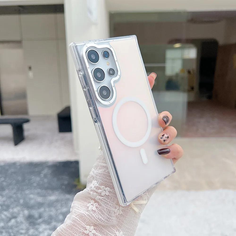 Металлический чехол для телефона MagSafe для Samsung Galaxy S25 S24 Ultra S23 Plus S22 S21 A53 A54 A55 Беспроводная зарядка Изменяющий цвет чехол