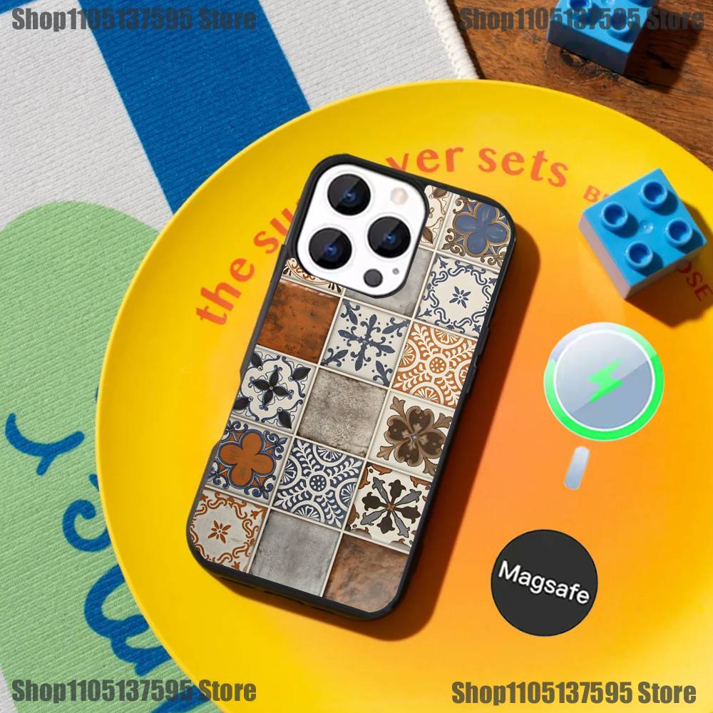 M-Moroccan Tile Phone Case For iPhone 17,16,15,14,13,12,11,Pro,Max,Plus,Mini,SE4,E Magnetic Magsafe Wireless Charging