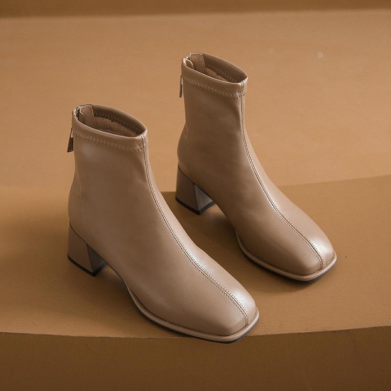 Узкие ботинки женские новые 2025 осень и зима голые ботинки женский темперамент универсальный ретро короткие ботинки женские квадратная голова толстый каблук одинарный